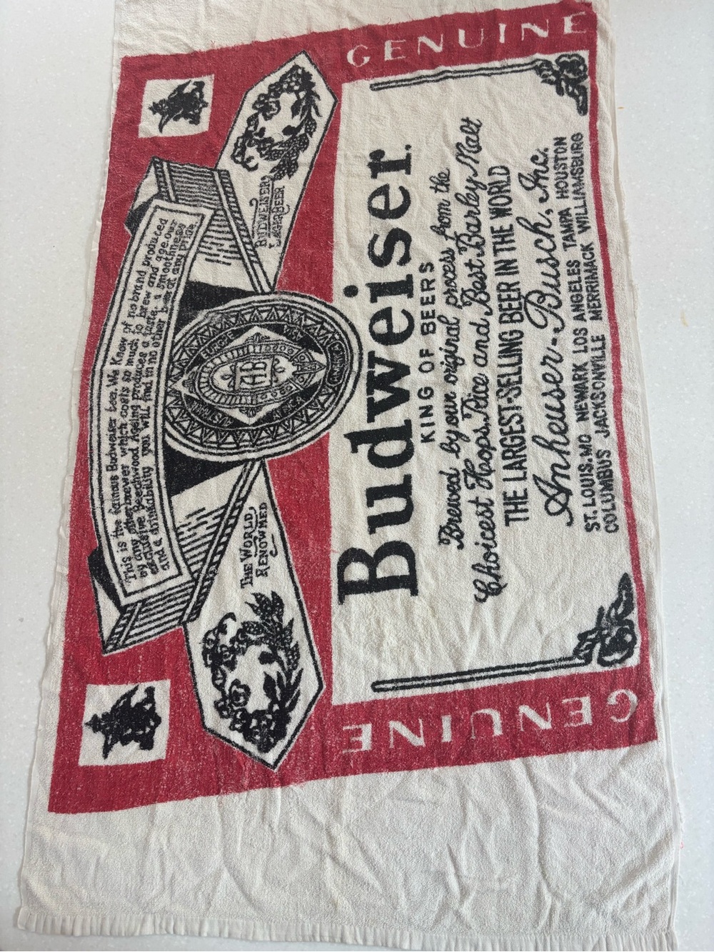 Vintage 70s-80s Budweiser beer Red, Black Logo beach Towel bar lounge drink sun